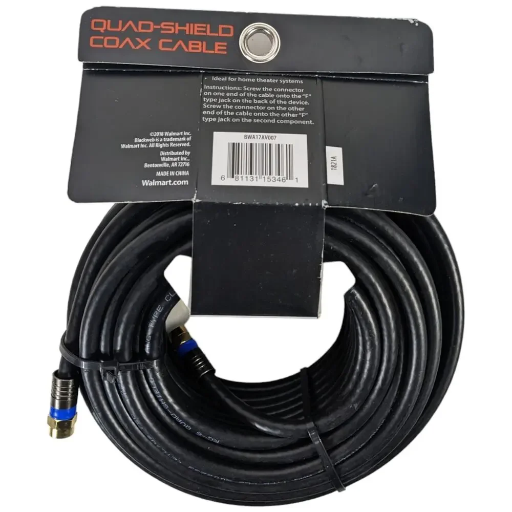 50 Foot Coax Cable BLACK WEB Blackweb 18 AWG Quad Shield Cable TV Internet Modem